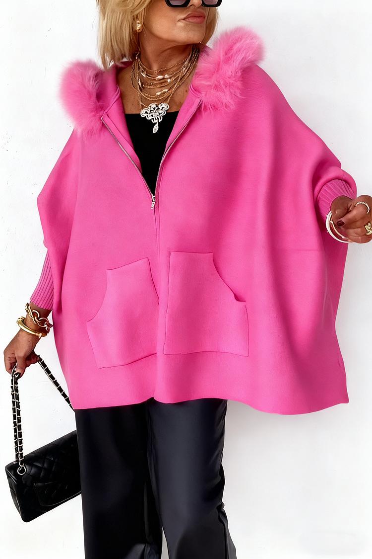 Ins Plush Hooded Cardigan Fashion Warm Pockets Zip-up Knitted Jacket Casual Outerwear Batwing Sleeve Sweater Women's Clothing