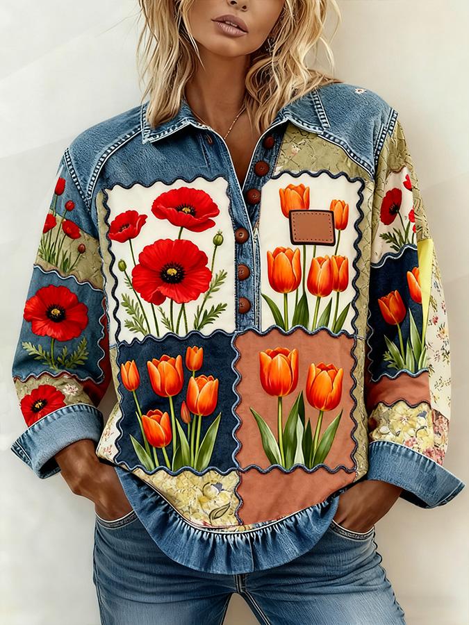 Denim Patchwork Collar Button-down Casual Long-sleeved Top