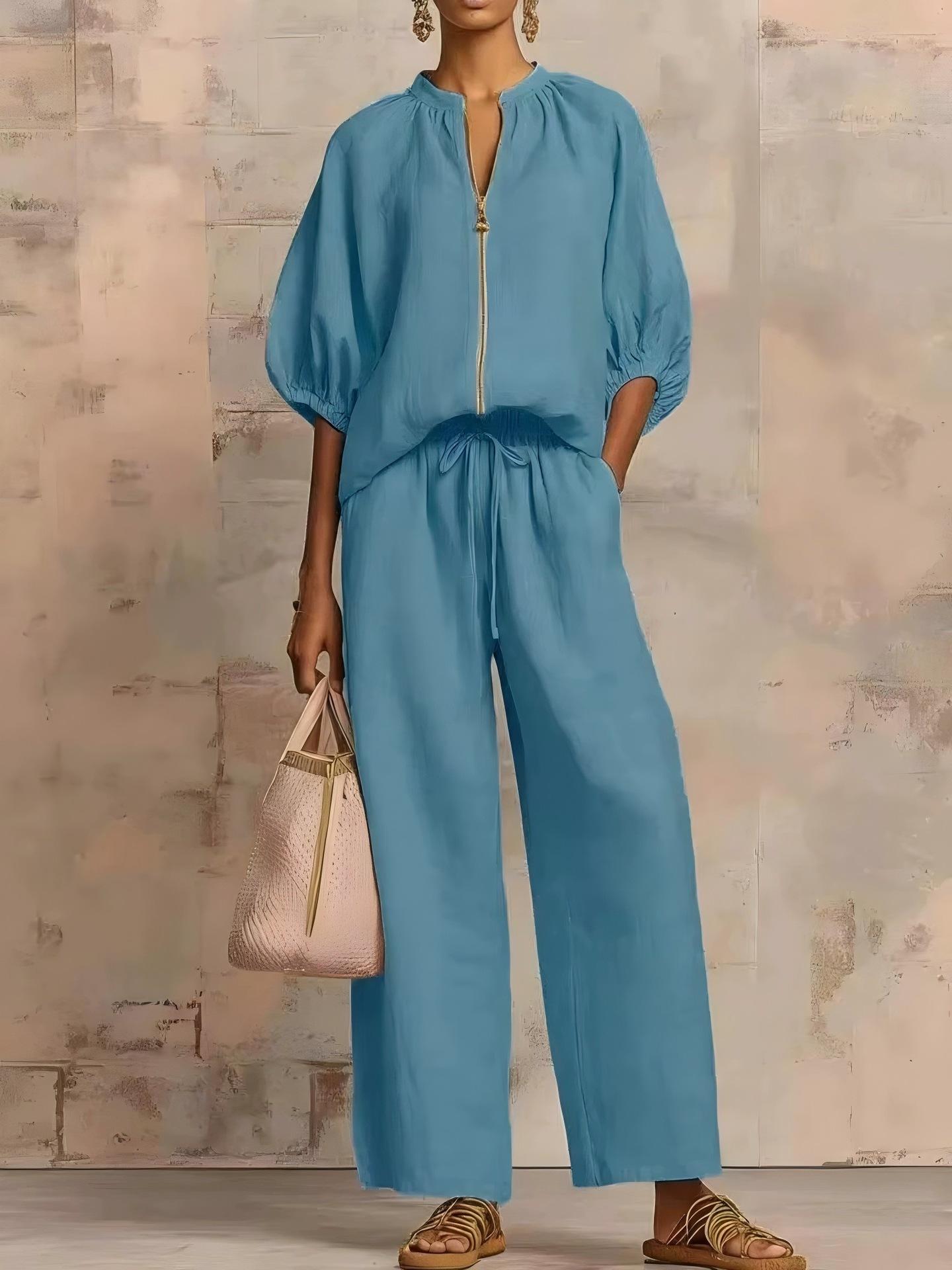 Casual Relaxed-fit Solid-color Zip-up Crew-neck Wide-leg Pants Set
