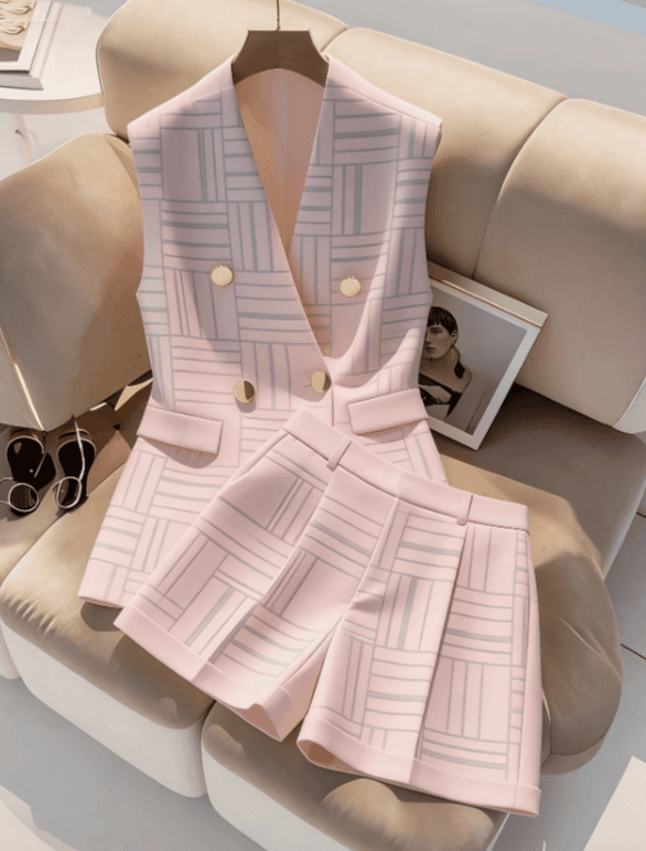 French-style Double-breasted Vest And Shorts Two-piece Workwear Set