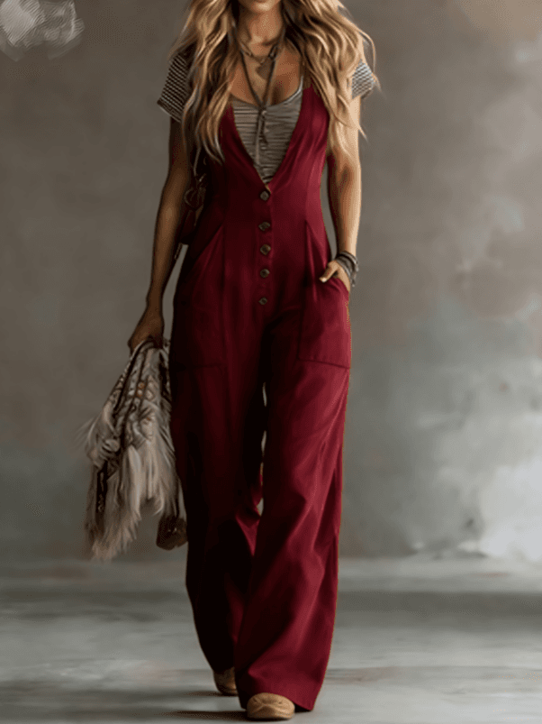 Vintage Single-breasted Strap Wide-leg Jumpsuit