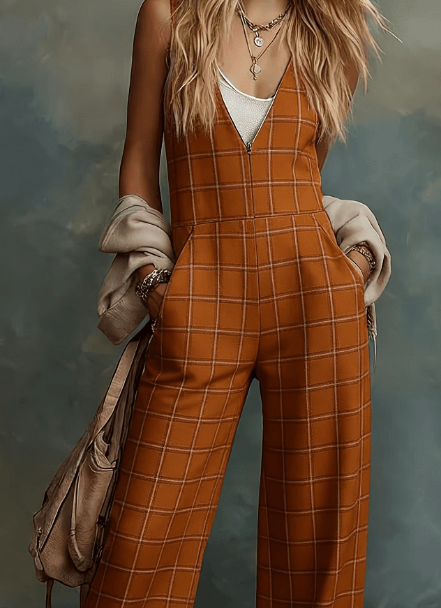 Women's American Retro Leopard Print V-Neck Zipper Wide-Leg Overalls Jumpsuit