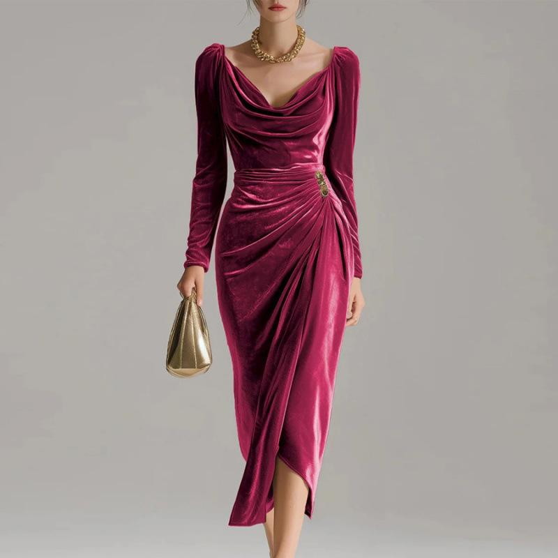 Long Sleeve Pleated Long Slit Velvet Sheath Dress