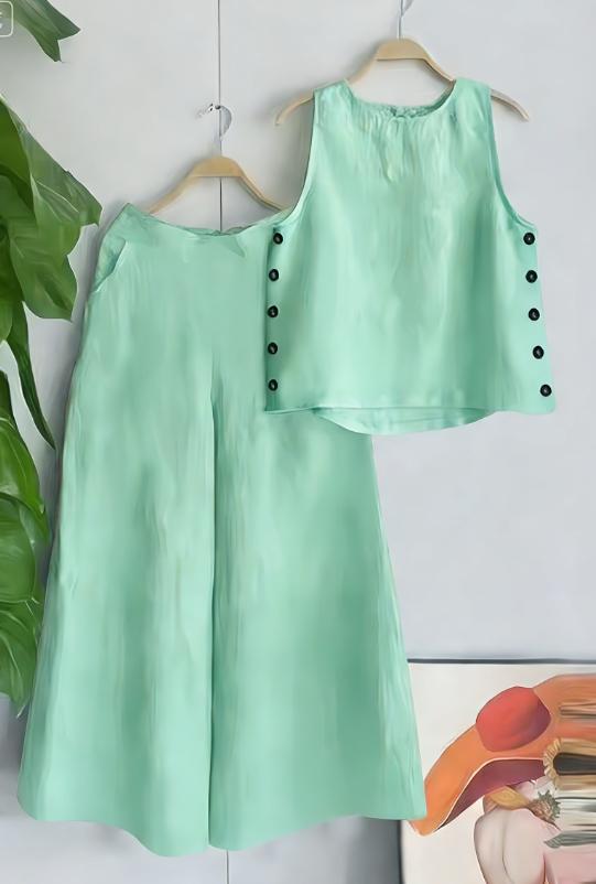 Mint Green Side Button Sleeveless Cropped Top & High Waist Flowy Wide Leg Culottes 2-Piece Set