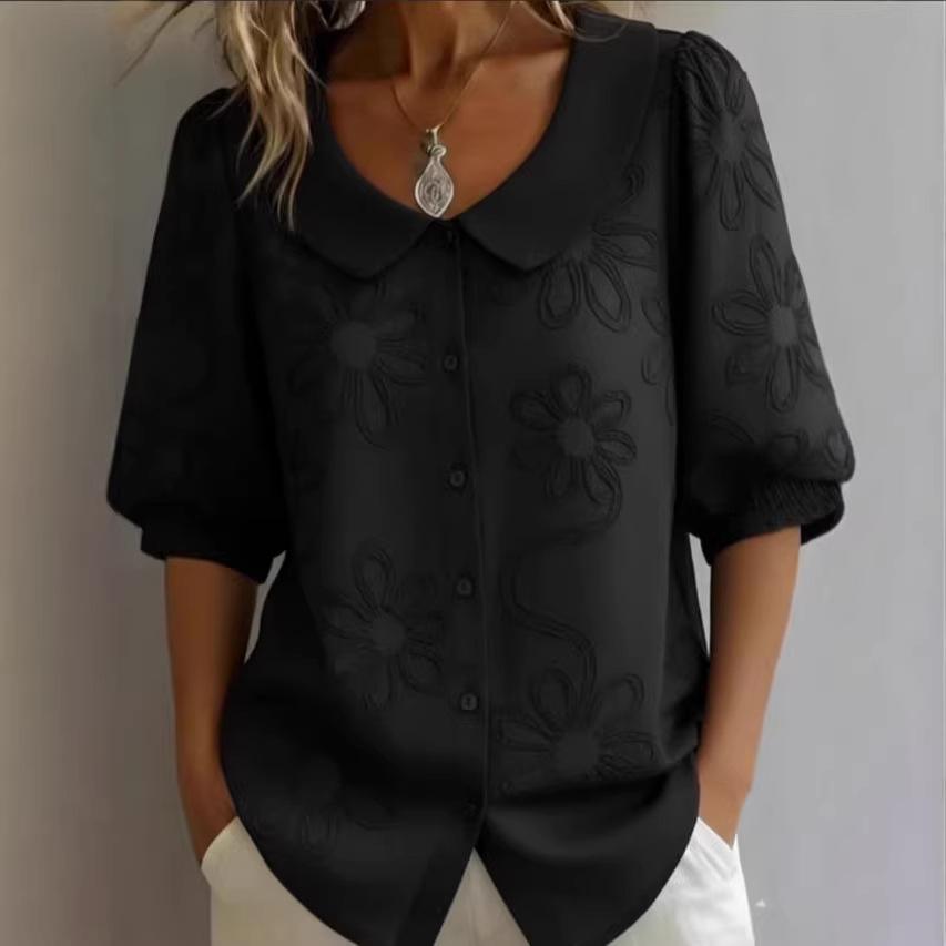 Retro Button-up Embroidered Floral Mid-sleeve Shirt