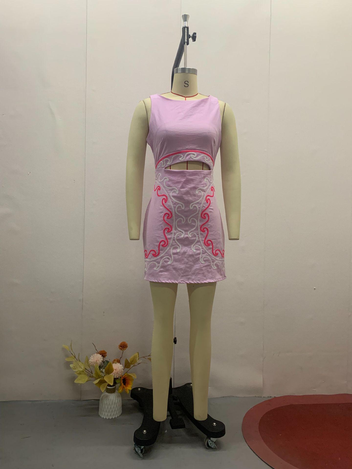 Summer Women's Sleeveless Slim-fit Embroidered Pink Dress