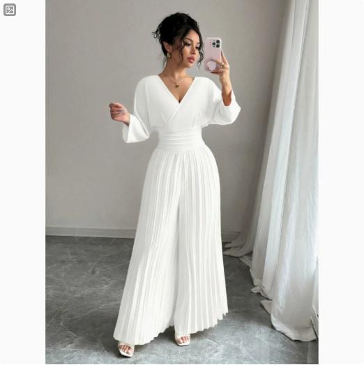 Stylish V-neck High-waist Solid-color Sexy Pleated Jumpsuit