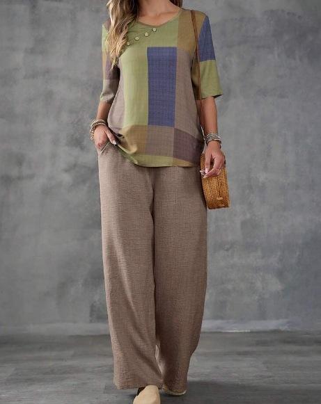 Woven Geometric Printed Top Solid Color Pants Fashion Casual Set