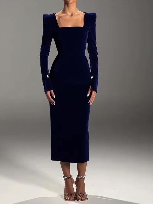 Navy Velvet Square Neck Midi Dress