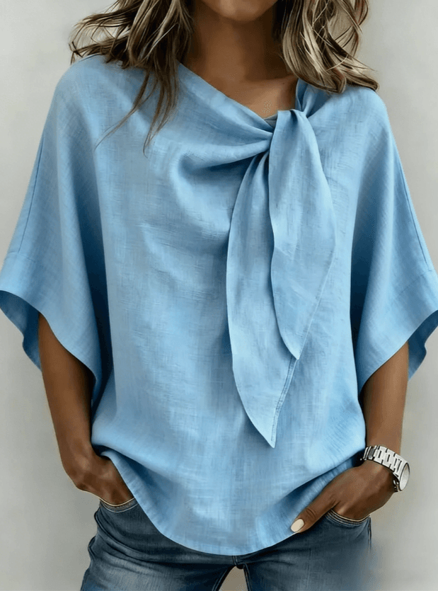 Light Blue Knot Tie Neck Batwing Short Sleeve Linen Blouse