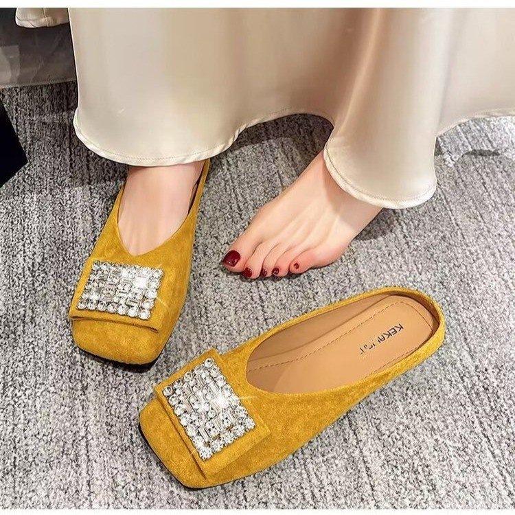 Womens Summer Outdoor Versatile Non-slip Rhinestone Square-toe Flat Shoes