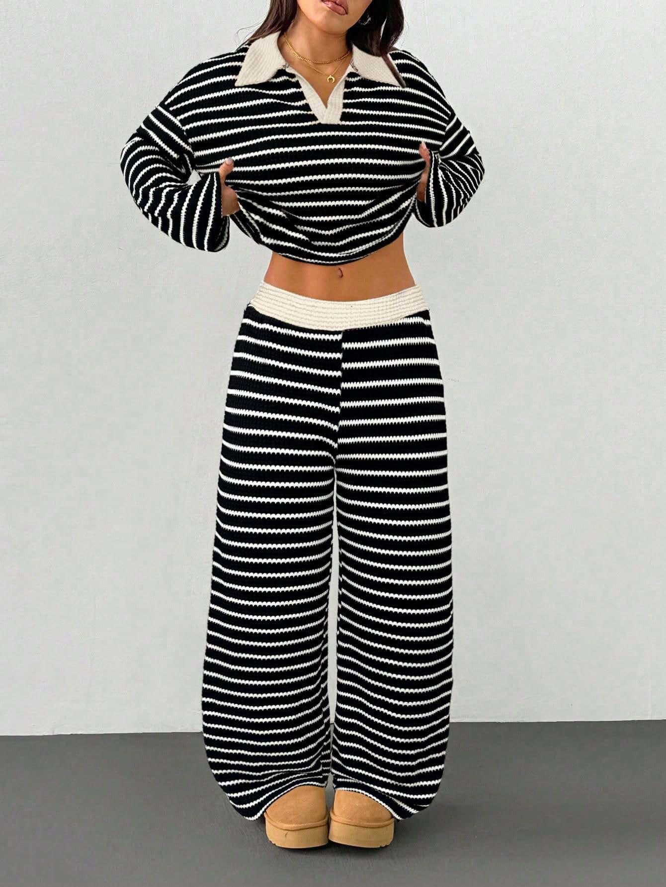 Striped Knitted Color-Block Long-Sleeve Top And Pants Casual Set