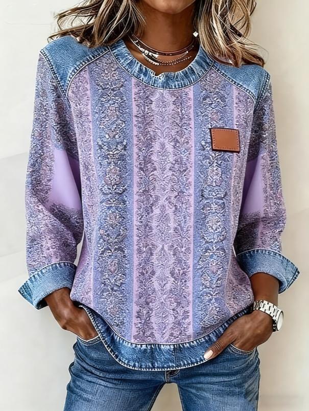 Casual Round Neck Color-blocked Printed Long-sleeved Loose Top