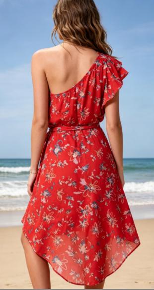 Bright Red Floral Print One-Shoulder High-Low Dress