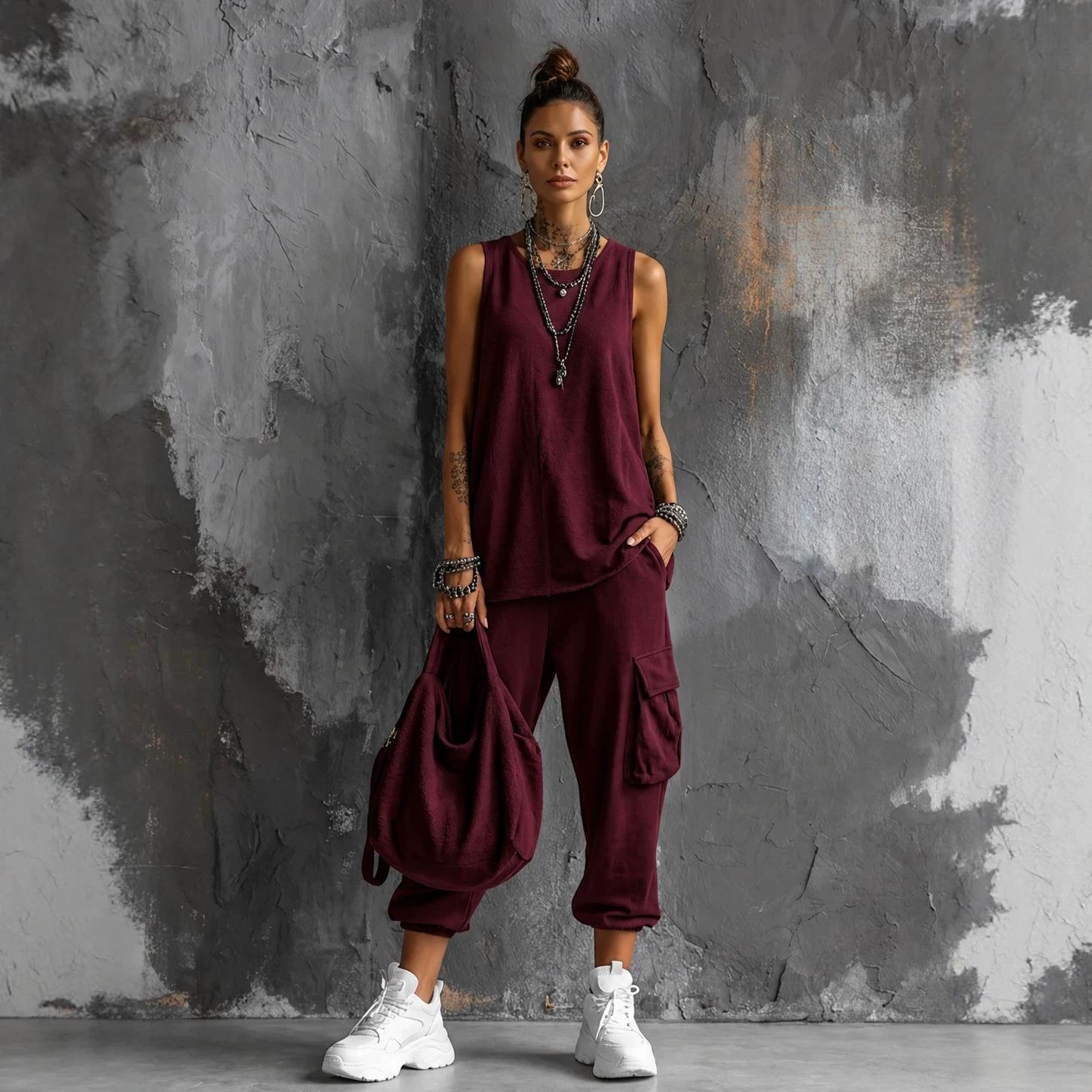 Womens Sleeveless Top Ankle-Fit Pants Set
