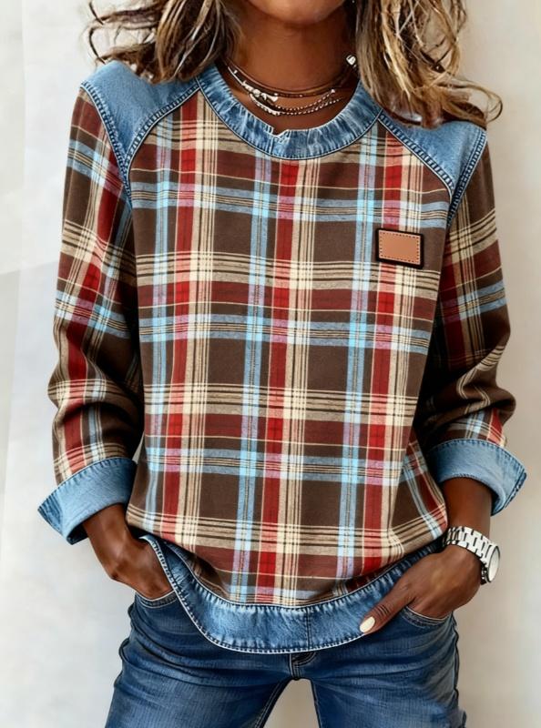 Plaid Denim Patchwork Round Neck Casual Long-sleeved Top