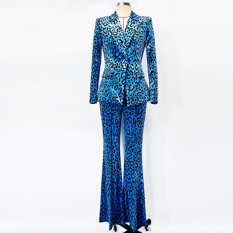 Leopard Print Single Button Blazer & Flared Floor Pants 2-Piece Suit Set