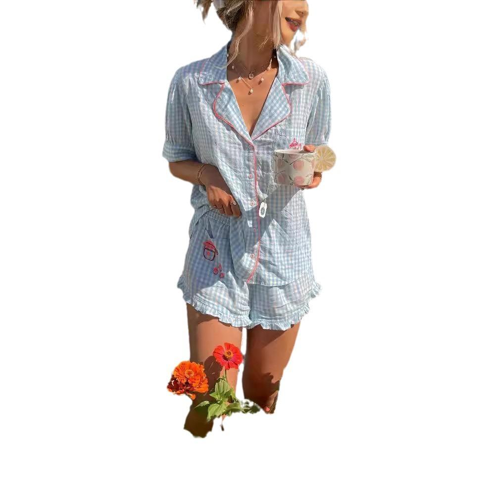 Plaid Teapot Embroidered Pajama Set For Women