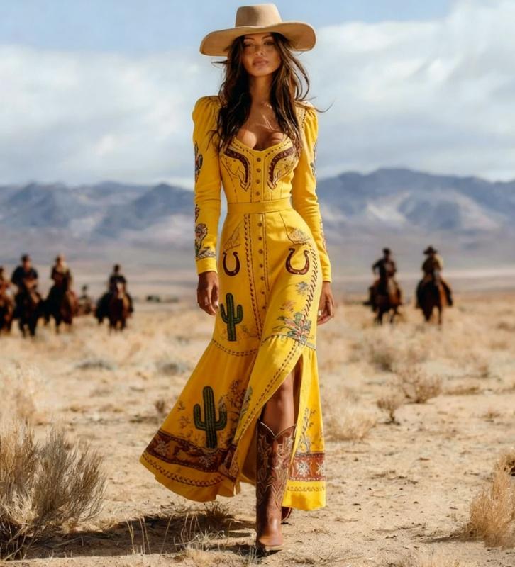 Western-style Printed Fitted Long-sleeved Dress