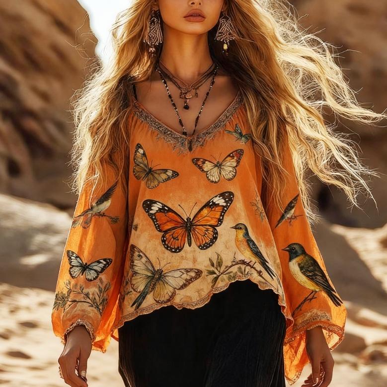 V-neck, Bell Sleeves, Casual, Flowy Long-sleeved Top