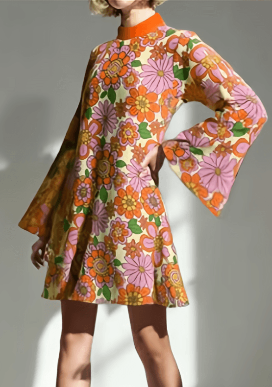 Vintage  Floral All-over Print Flare Sleeve High Neck A-Line Mini Dress