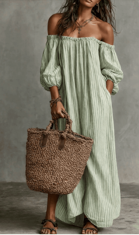 Striped Off-shoulder Long Dress
