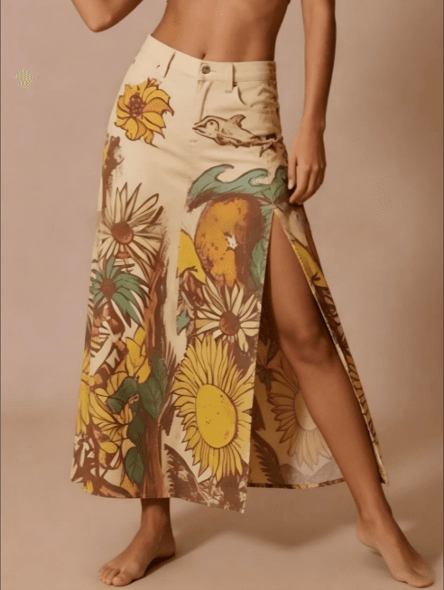 High Waist Sunflower Tropical Print High Slit Midi Denim Skirt