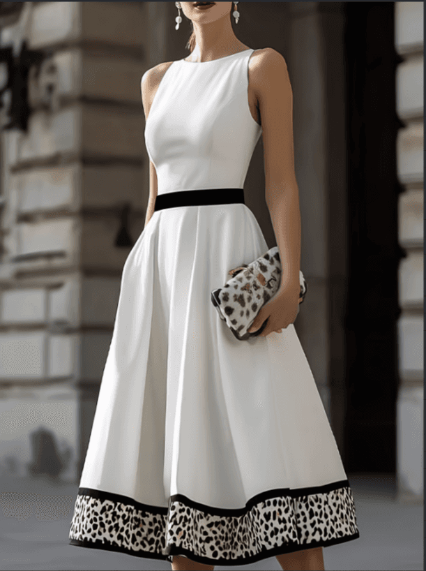 2026 New Elegant White Patchwork Black Waist Seal Leopard Edge Sleeveless Waist A-line Medium Length Dress