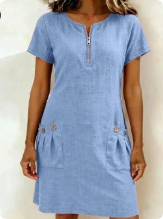 Short-sleeved Dress With Pockots And Zipper Women's Summer Clothing