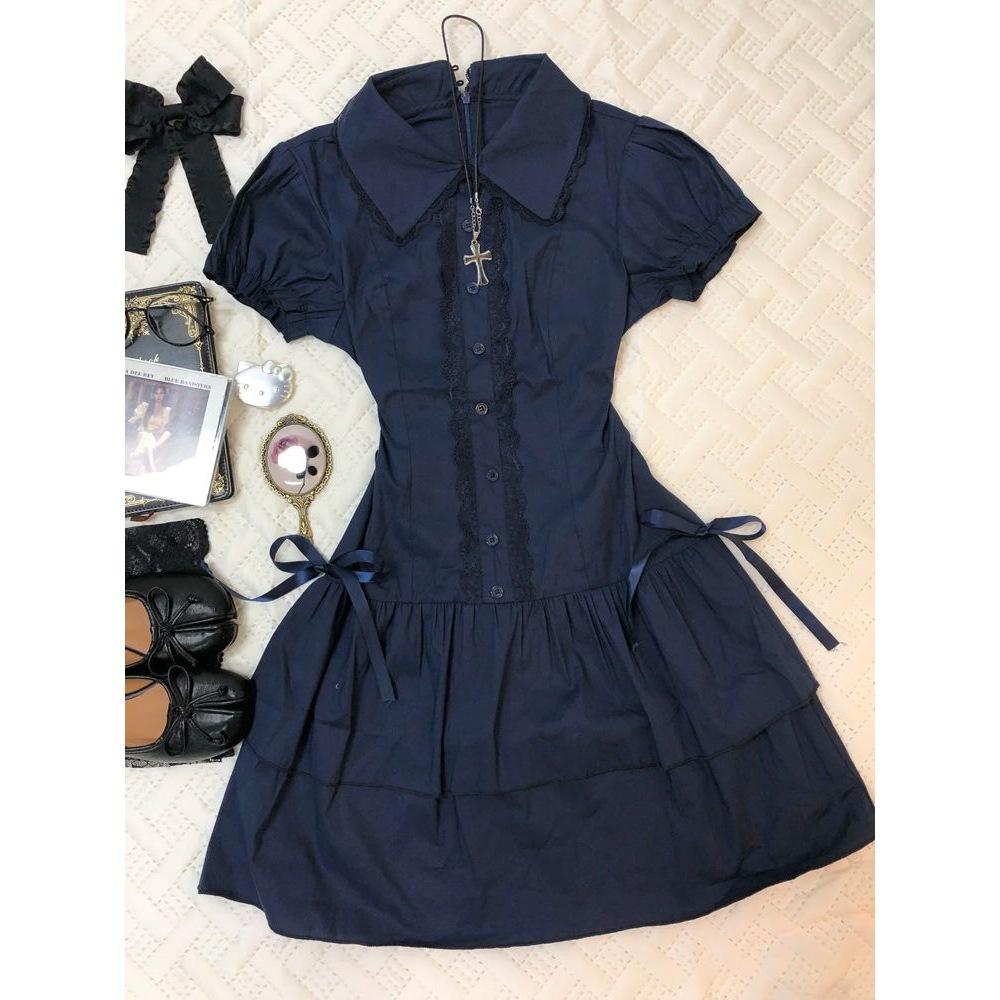 Lace-trimmed Blue Vintage Shirt Dress Short Skirt