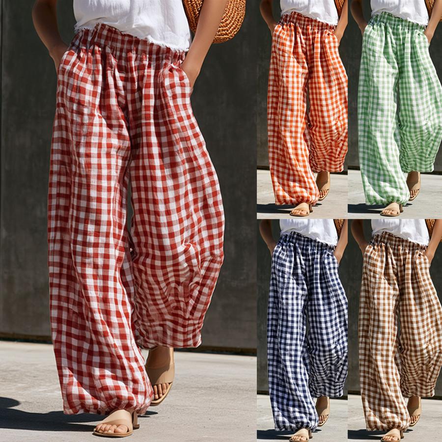 Womens Casual Retro Large-check High-waisted Loose-fit Wide-leg Trousers