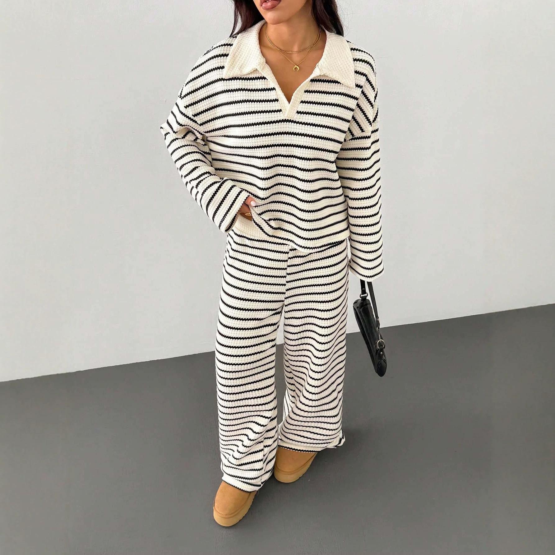 Striped Knitted Color-Block Long-Sleeve Top And Pants Casual Set