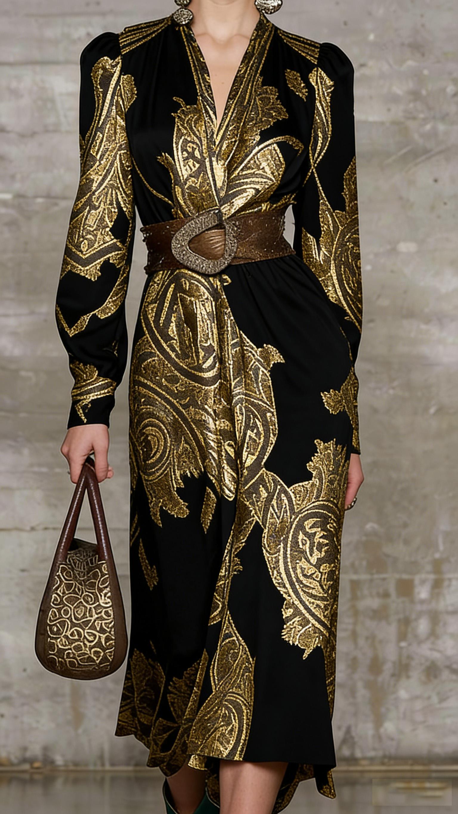 Light Luxury Gold Leaf Paisley Print V-neck Wrap Dress European And American Style Slimming Tea Break Dress For Heroines