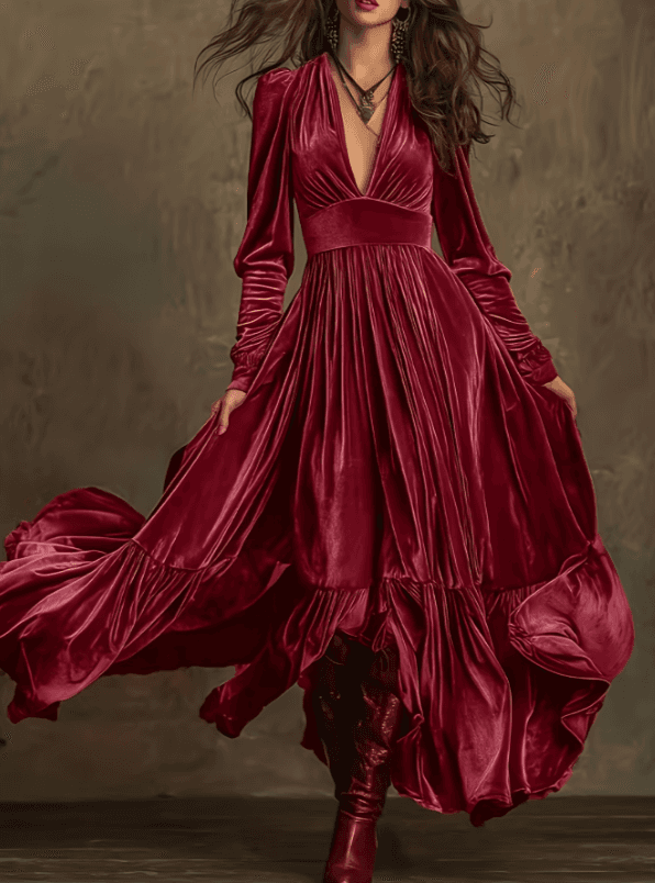 Velvet Fitted Waist Full Skirt Casual Long Sleeve Dress