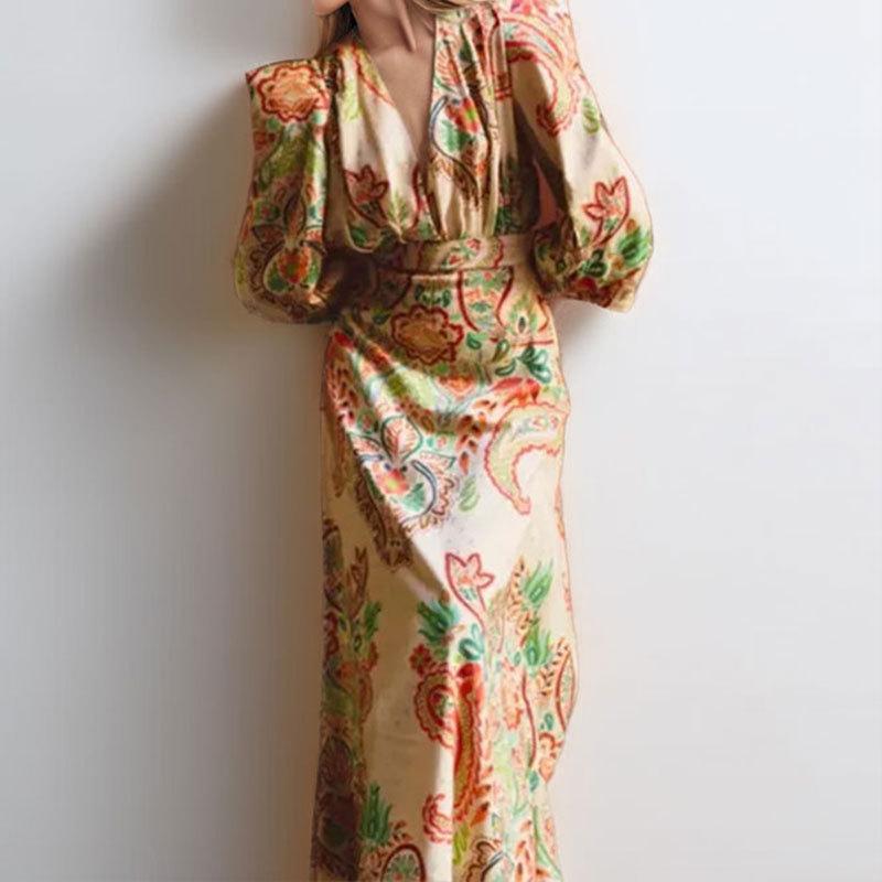 Ethnic Style V-neck Long Sleeve Tight Waist Slimming Sense Of Design A- Line Dress Women