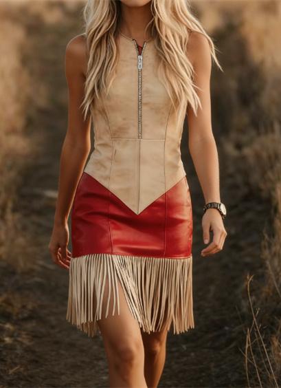 Color-blocked, Tie-up, Sleeveless, Slim-fit, Tassel Casual Short Dress Set