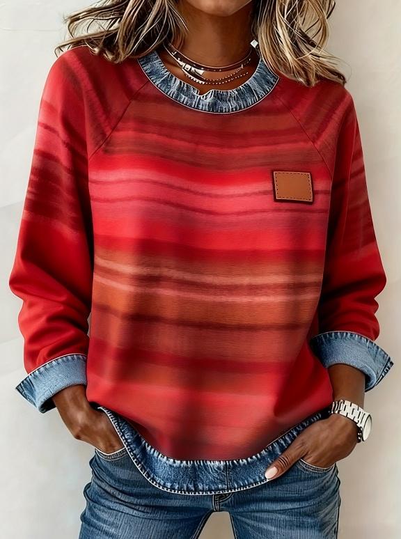 Denim Patchwork Crew Neck Casual Top