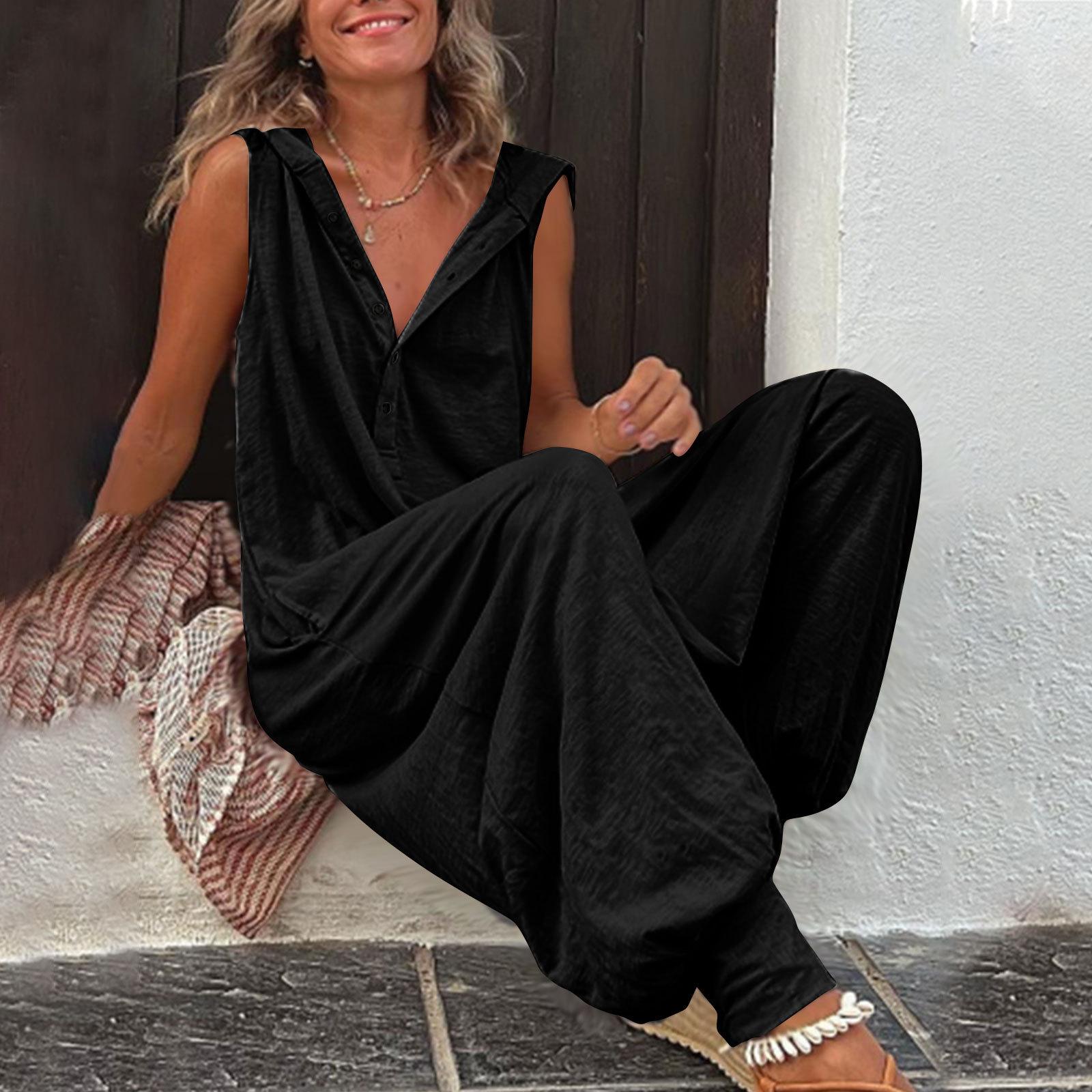 Buttoned Hooded Sleeveless Pants For Women