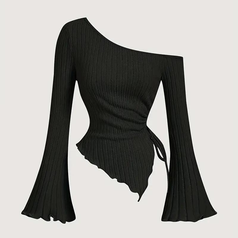 Design Sense Off-neck Long Sleeve Slim-fitting Simple Rope T-shirt