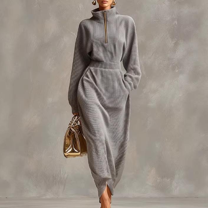 Elegant Casual V-neck Long-sleeve Light Gray Waffle-knit Dress With A Front Zipper