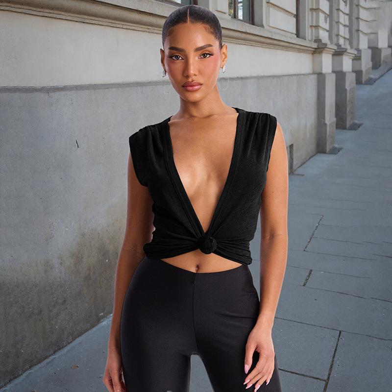 Sexy Fitted Deep-V-neck Knotted Tank Top