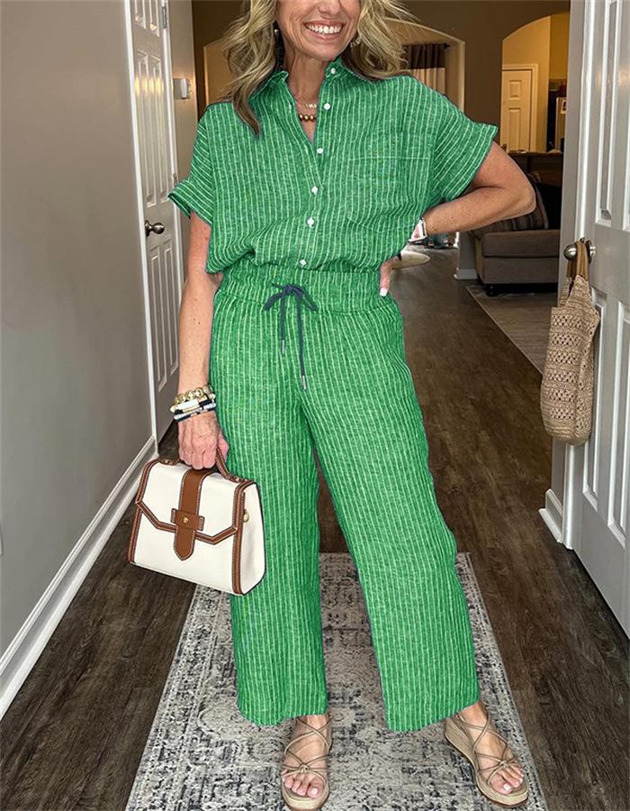Women's Striped Suit Lapel Short Sleeve Straight Idle Style Trousers