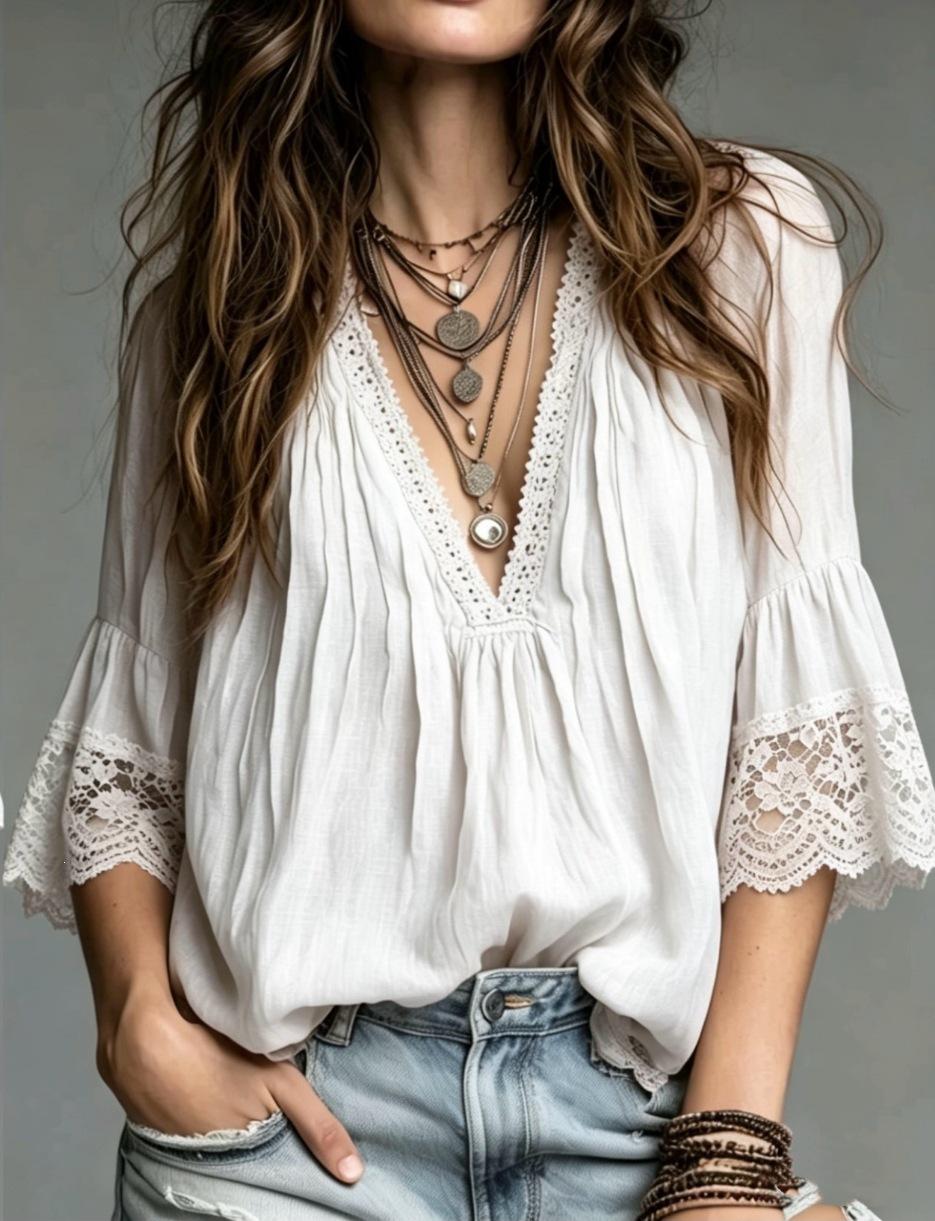 Lace-Panel V-Neck Fashionable Blouse For Women