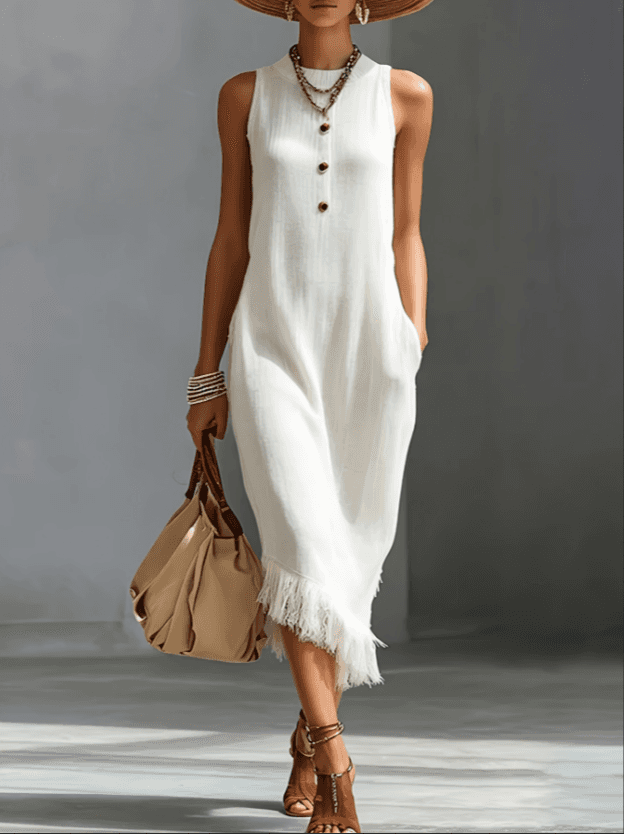 Long Sleeveless Knitted Maxi Dress With Fringe Hem