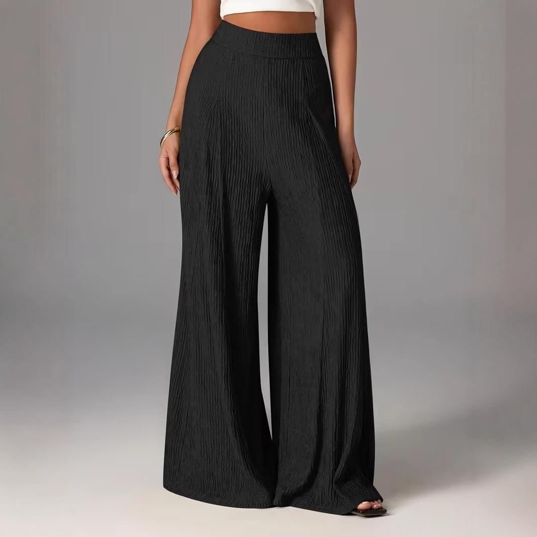 Elastic-waist Loose Solid-color Trousers High-waisted Wide-leg Pants