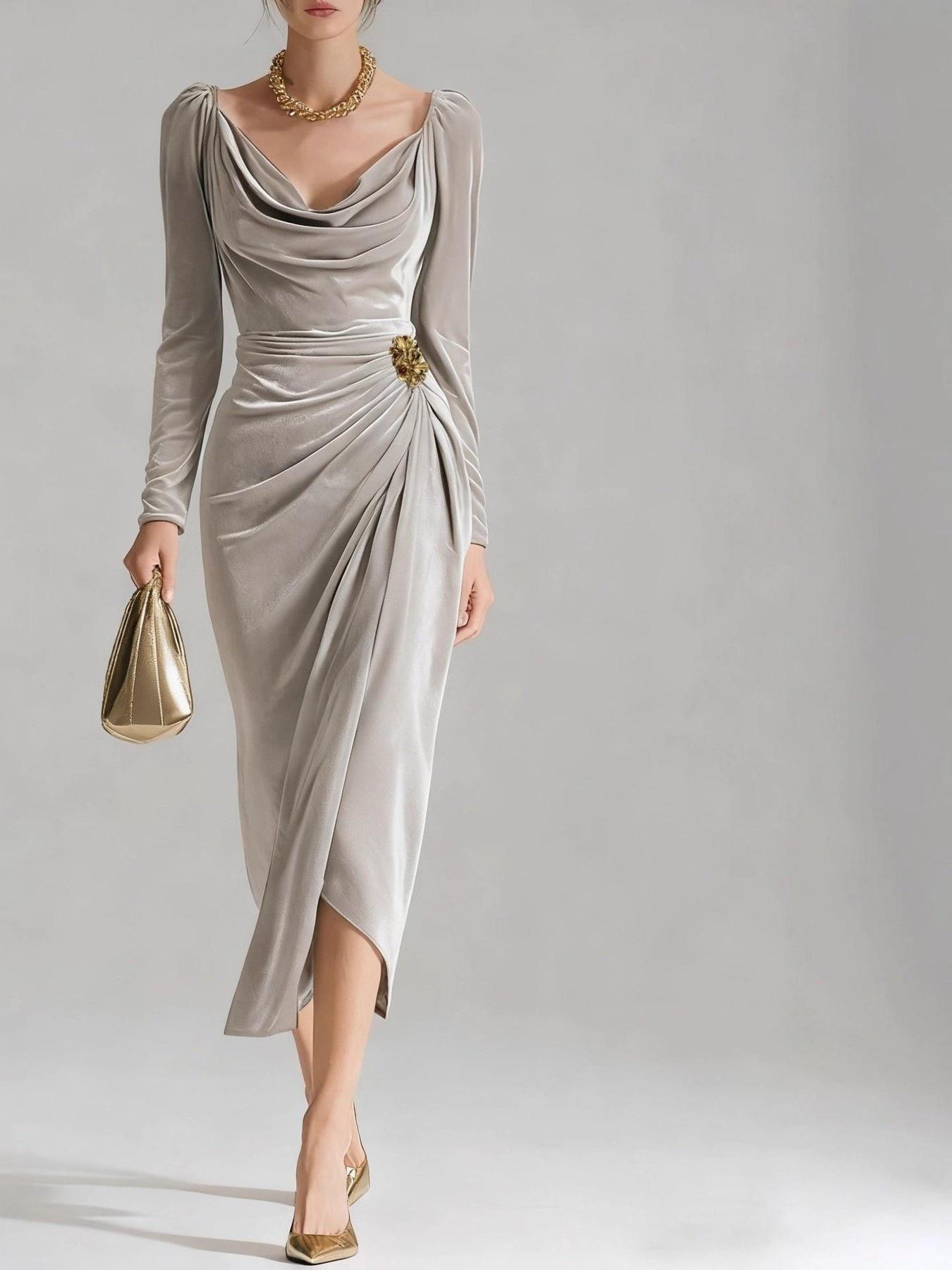 Long Sleeve Pleated Long Slit Velvet Sheath Dress