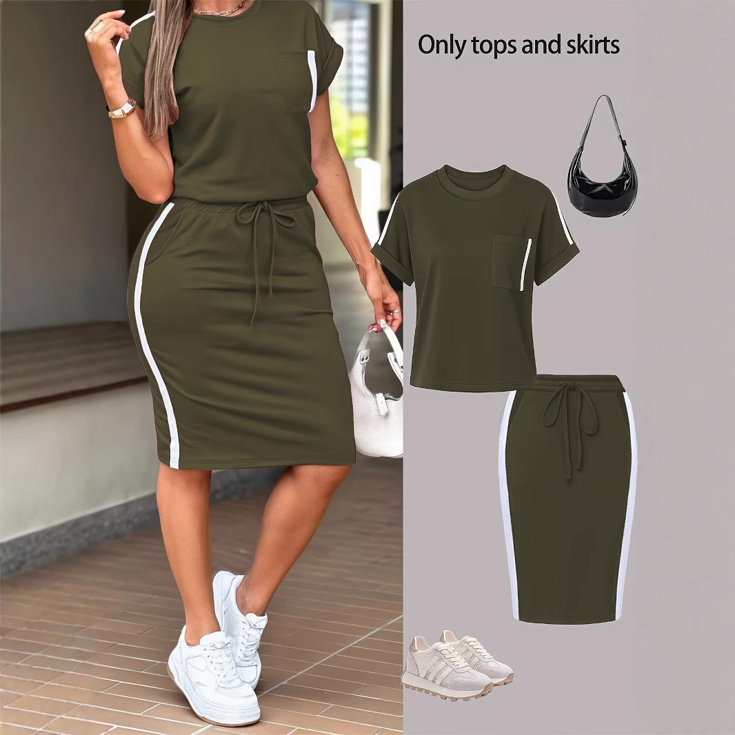 Womens Stylish Minimalist Off-shoulder T-shirt Paired With A Casual Form-fitting Skirt Set