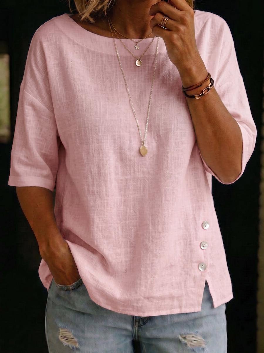 Asymmetrical Button Design Round Neck Loose-fitting Casual Top