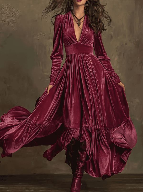 Velvet Fitted Waist Full Skirt Casual Long Sleeve Dress