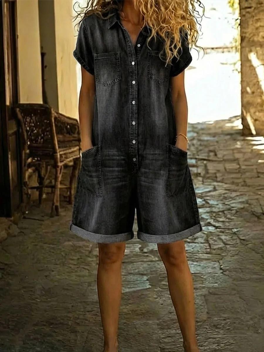 Womens Spring Short-Sleeve Multi-Pocket Shirt Washed Denim Jumpsuit